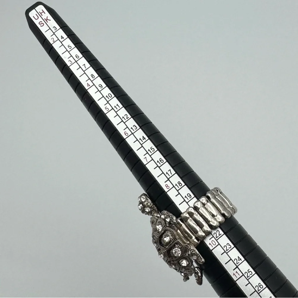 Vintage Silver Tone Turtle Stretch Ring Rhinestone Statement Size 9–10